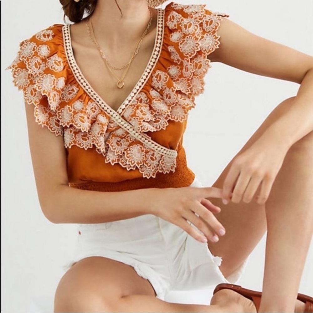 Anthropologie Orange Lace Trim Top